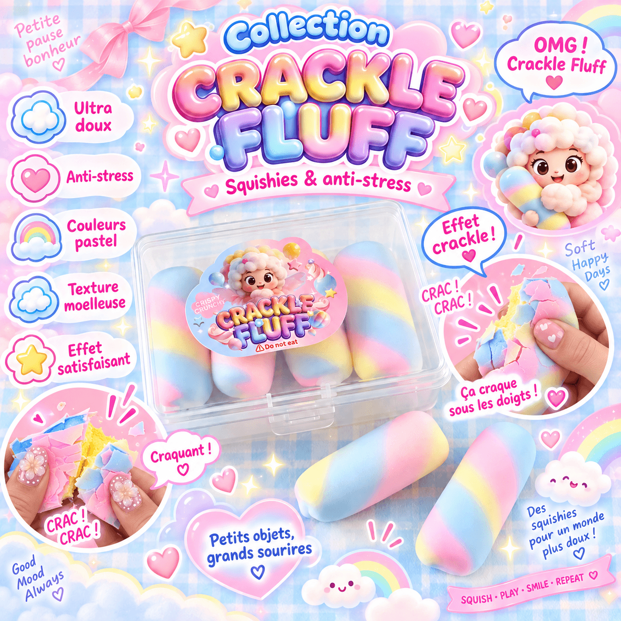 Squishy Marshmallow Arc-en-Ciel – Crackle Fluff Anti-Stress Kawaii