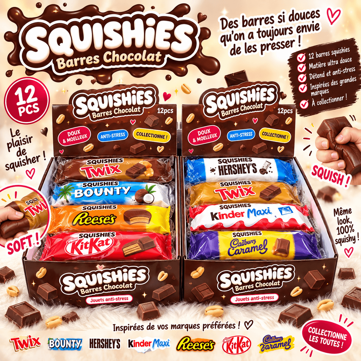 Squishy Barre Chocolat – Anti-Stress Kawaii Modèles Assortis