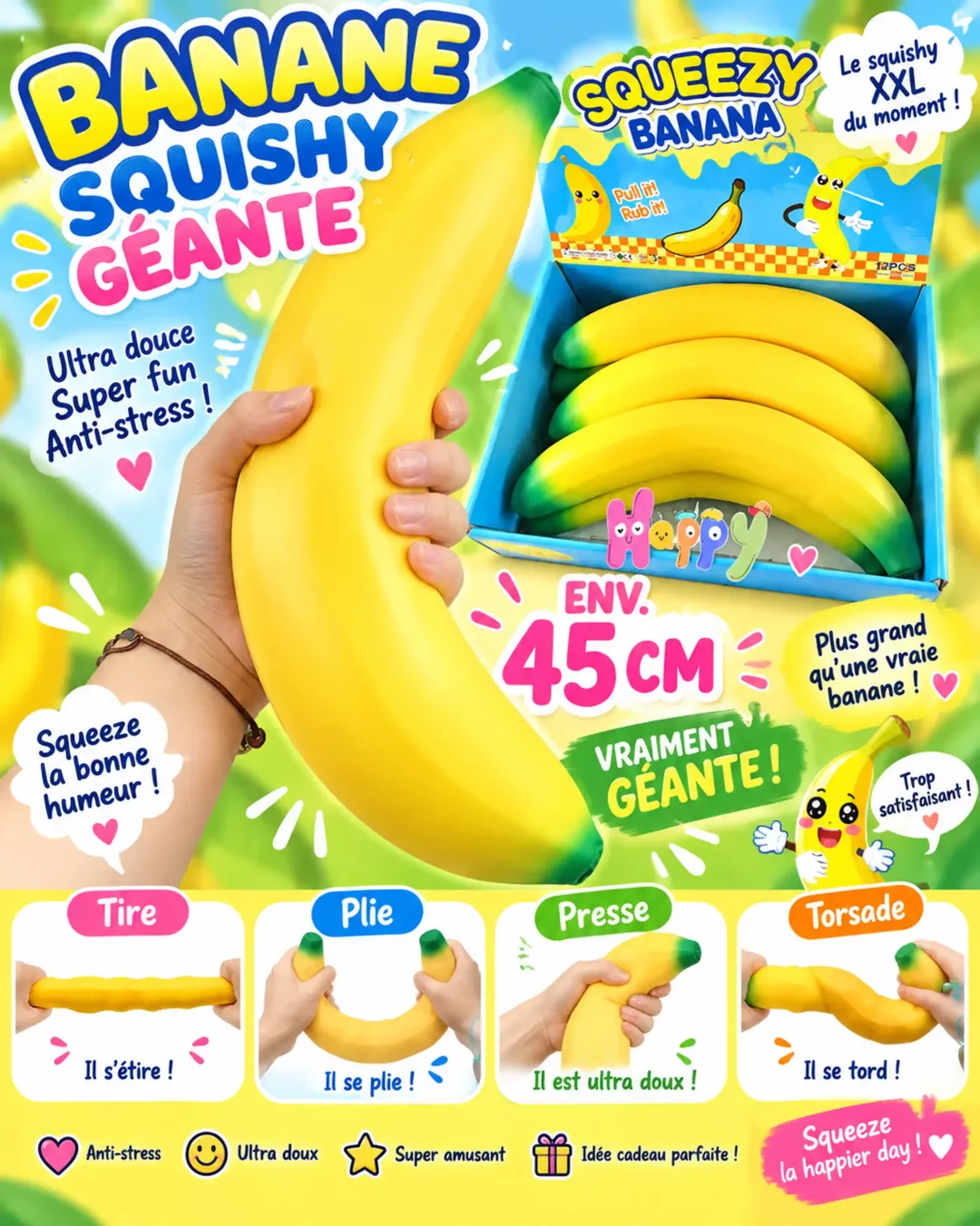 Banane Squishy Géante XXL 45 cm – Jouet Anti-Stress Ultra Doux