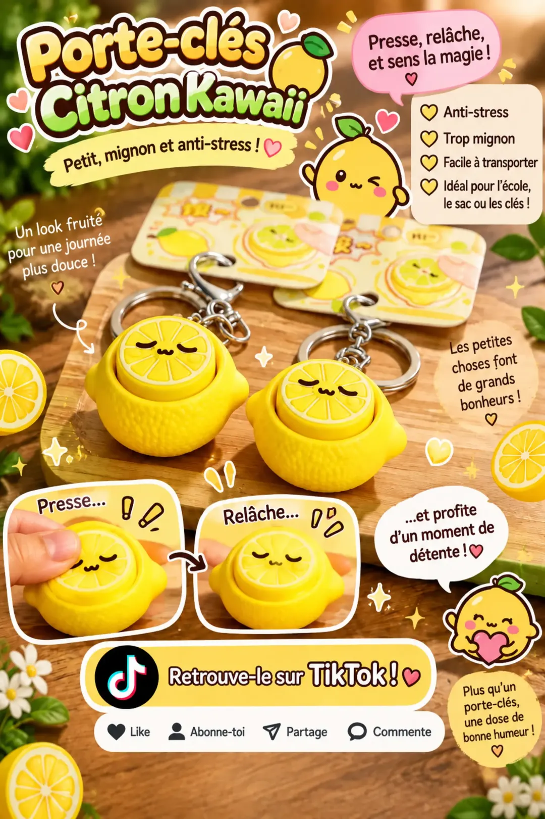 Porte-Clés Citron Kawaii Anti-Stress – Bouton à Presser