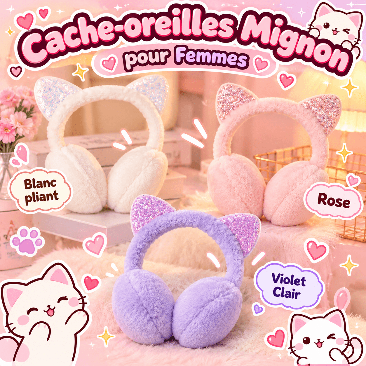 Cache-Oreilles Kawaii Oreilles de Chat – Doux et Pailletés