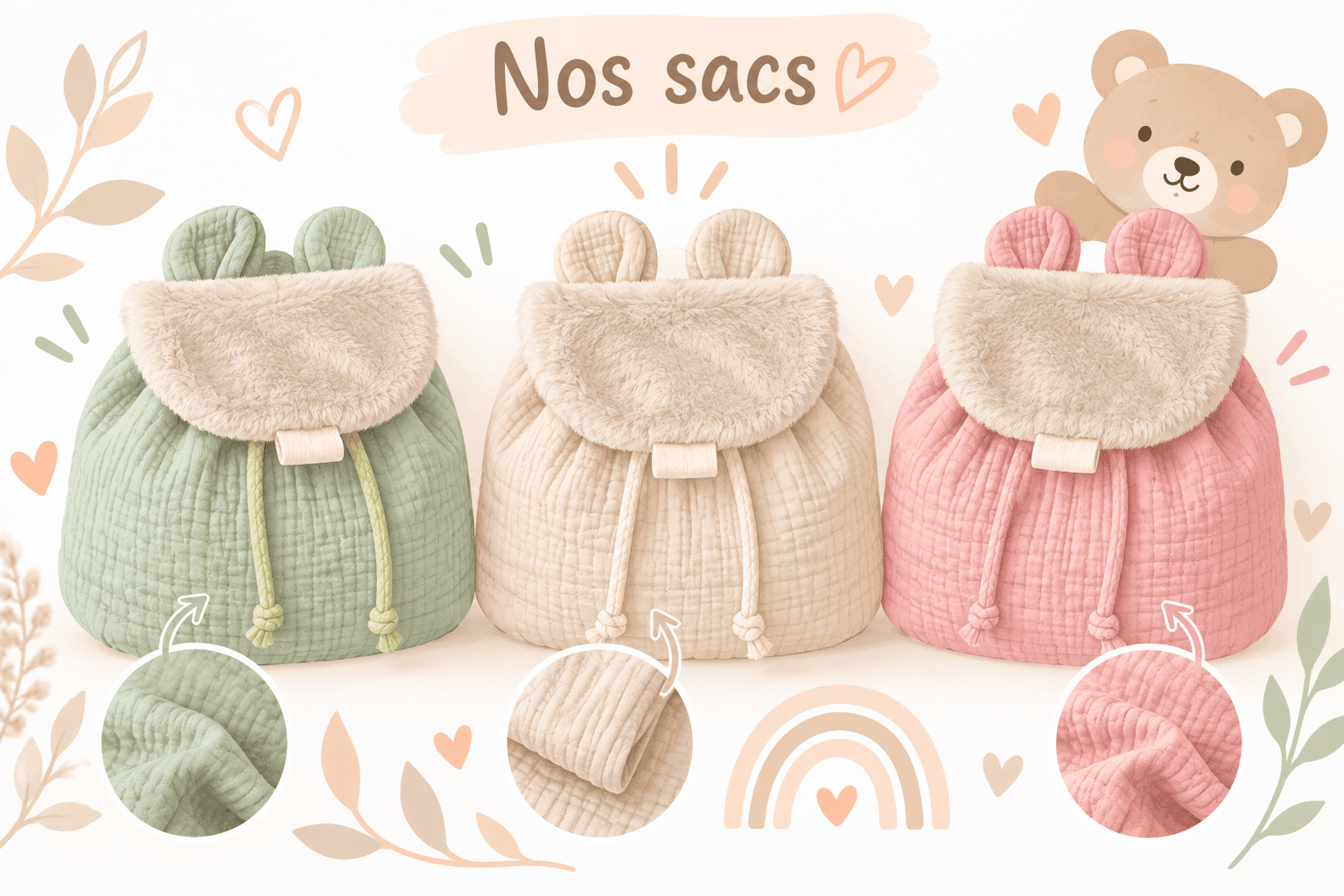 Sac à dos bébé en gaze de coton – Petites oreilles & fausse fourrure